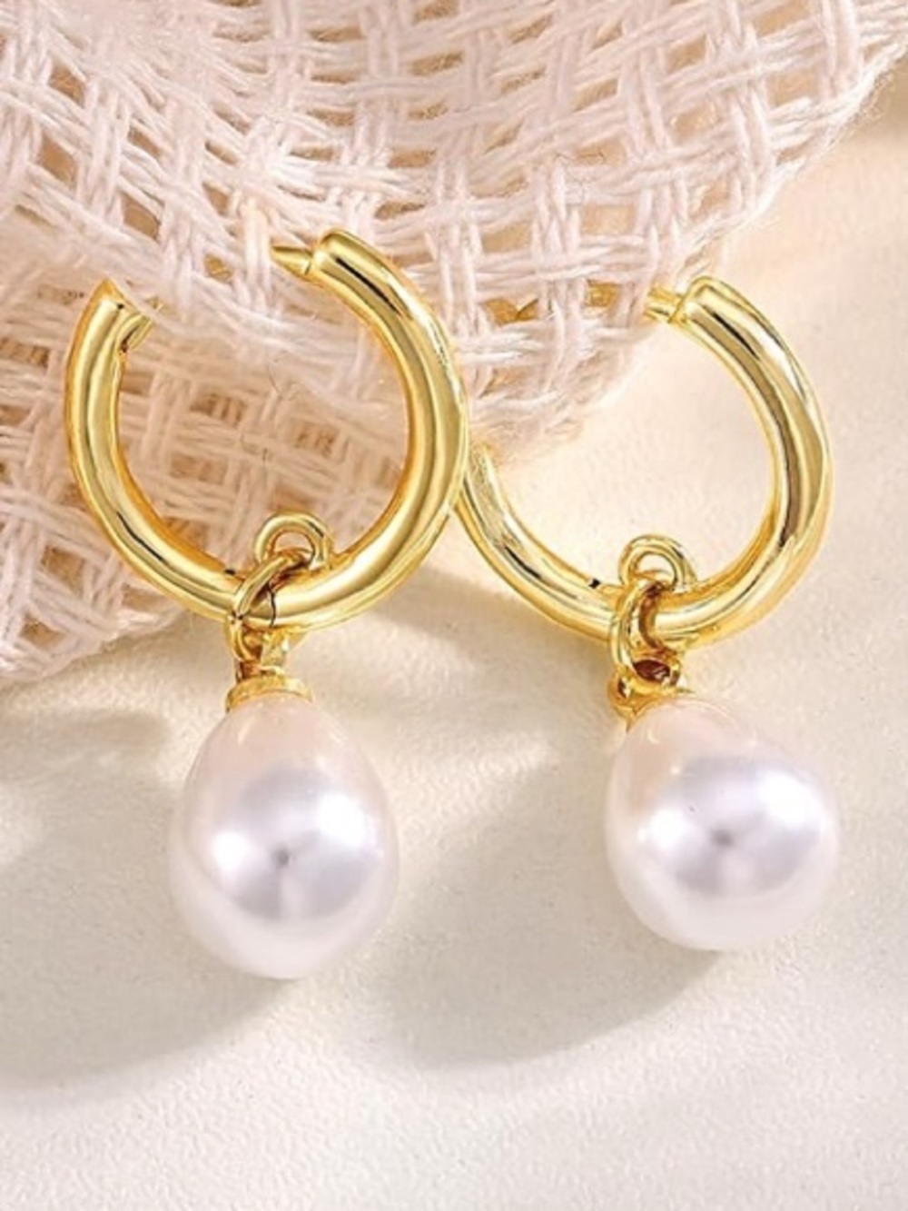 14K Gold Plated Pearl Drop Hoop Earrings